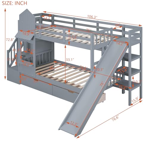 Kids Bunk Bed with Stairs and Slide, Twin Over Twin, Gray E77813