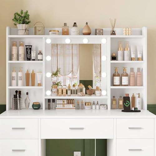 Vanity Desk with Mirror and Lights, 9 Drawers, 6 Open Shelves, Adjustable Brightness, White W8407