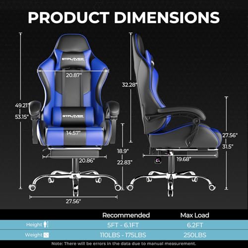 Gaming Chair with Footrest and Lumbar Support, Height Adjustable, 360° Swivel, Blue U7447