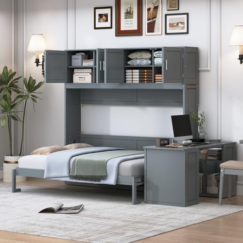 Twin Murphy Bed with Wall Frame, Closet, Drawers and Desk, White D510253