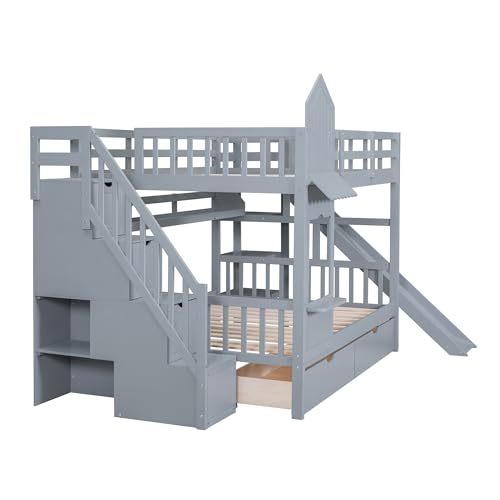 Kids Bunk Bed with Stairs and Slide, Twin Over Twin, Gray E77813
