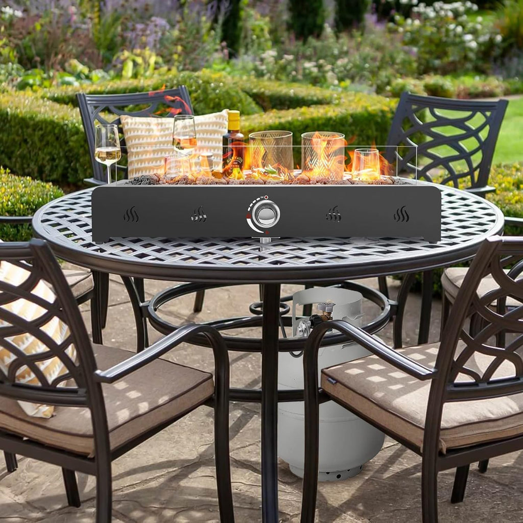 28 Inch Tabletop Gas Fire Pit with Glass Wind Guard and Lava Rock X571184
