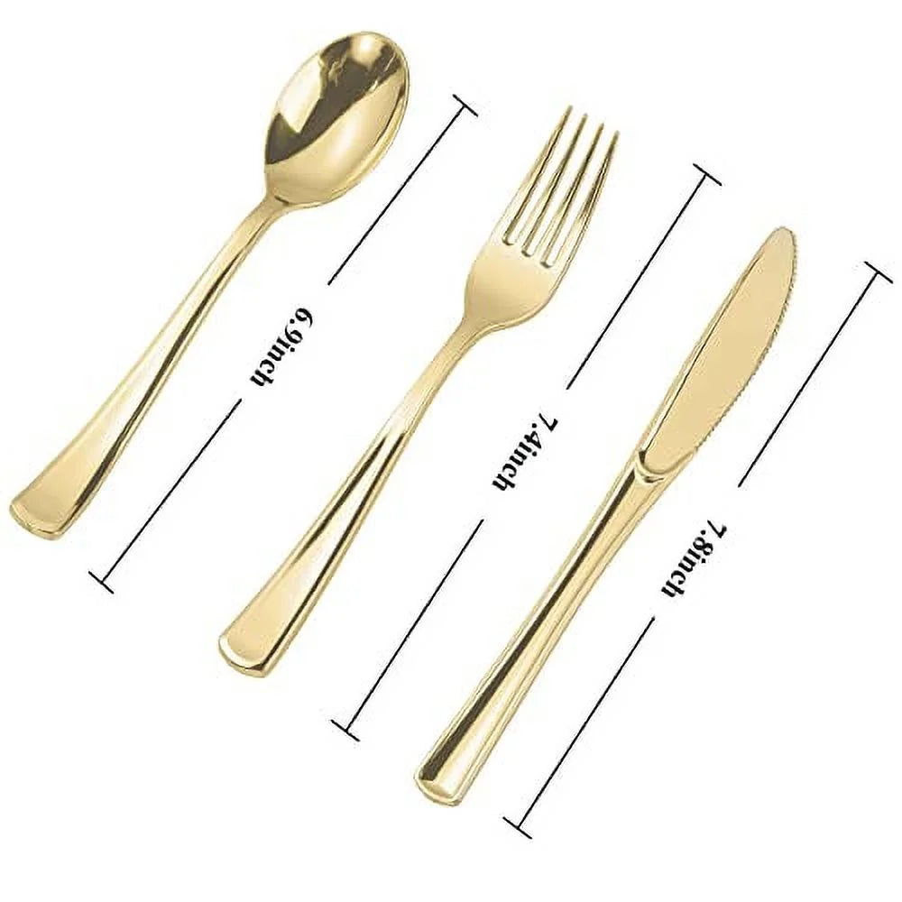 Gold Plastic Cutlery Set Disposable Flatware for Party C109