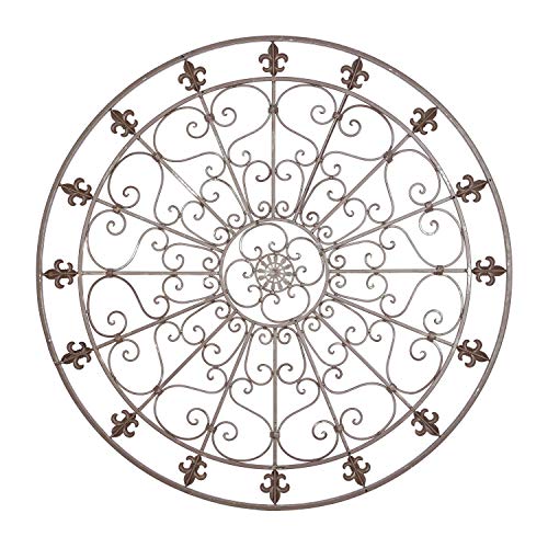 Metal Fleur De Lis Circle Wall Sculpture with Scrollwork, Black S3104