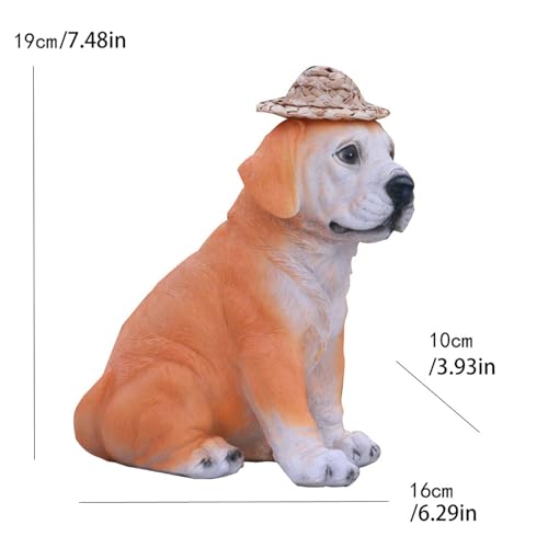 Dog Statue Outdoor Garden Decor with Straw Hat and Solar Lantern W89007