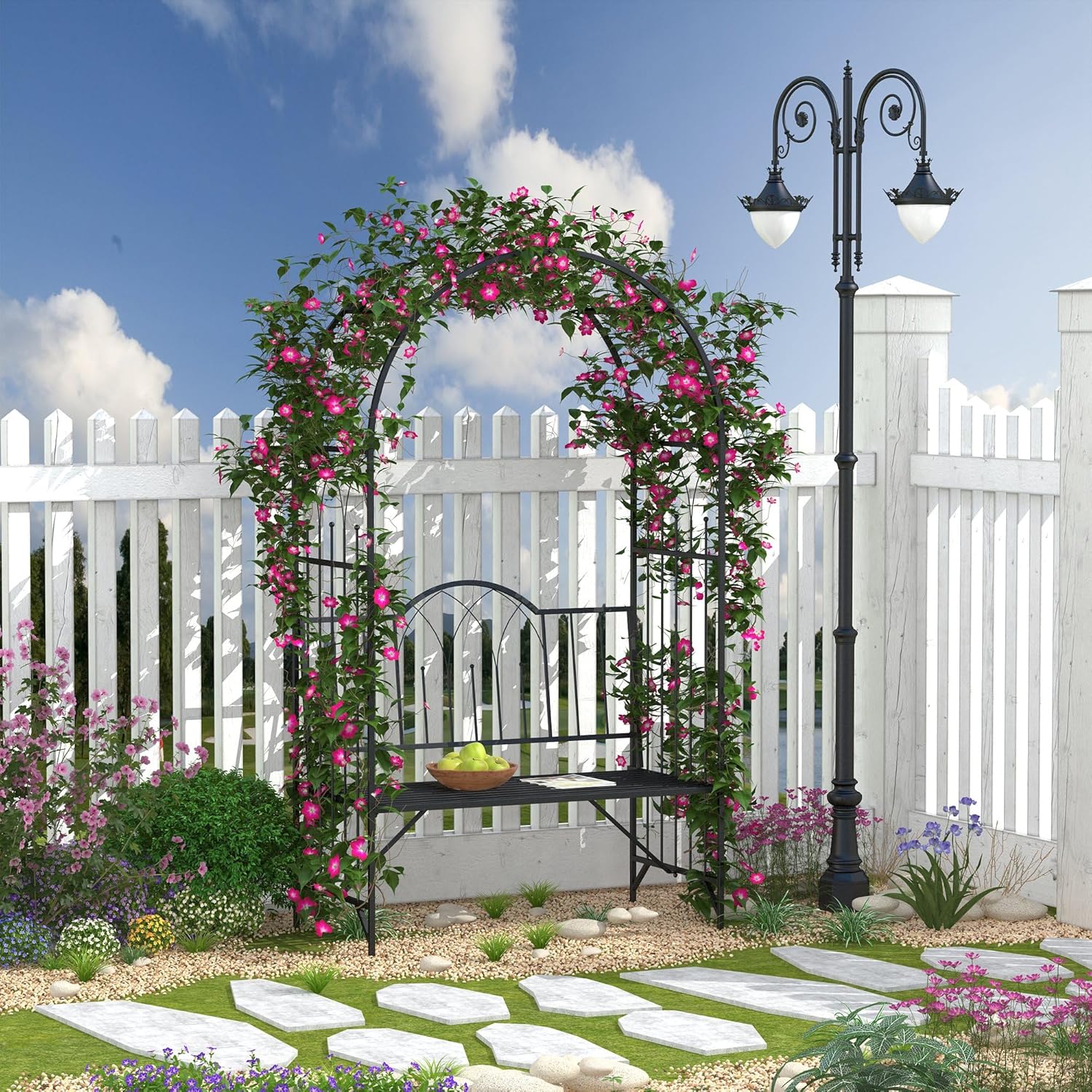 Metal Trellis Arbor Arch with Garden Bench for Climbing Plants F302771