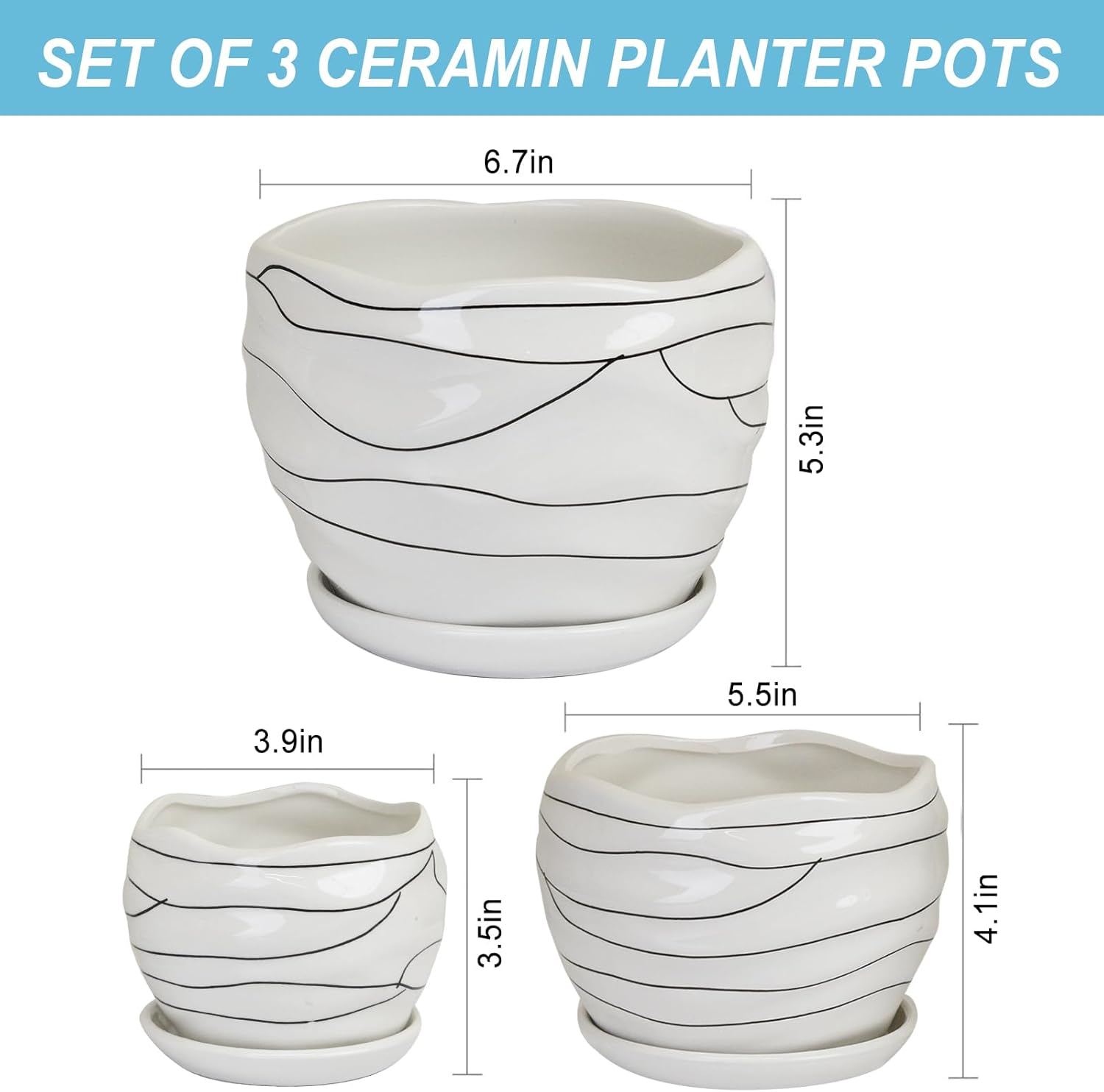 Ceramic Planter Set, 3 Sizes, Indoor Outdoor with Drainage Hole and Saucer T419377