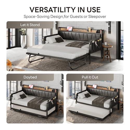 Daybed with Trundle and Storage Headboard, Twin Size, Grey M473750