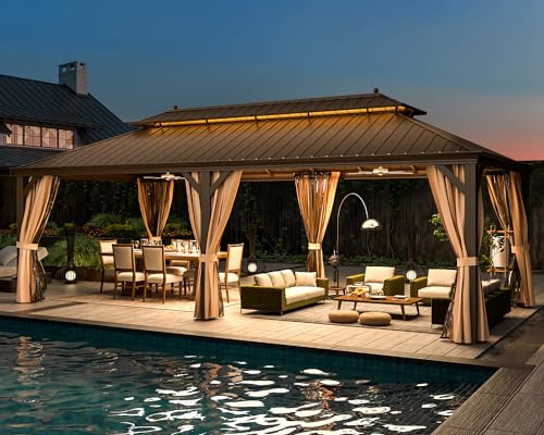 12x16 ft Hardtop Gazebo with Galvanized Steel Roof, Curtains and Netting V821