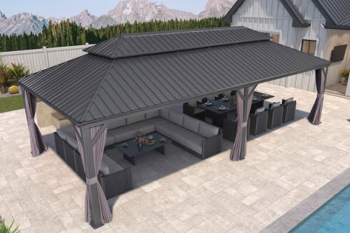 10' x 14' Permanent Hardtop Gazebo with Galvanized Steel Double Roof, Curtains and Netting Included M96664