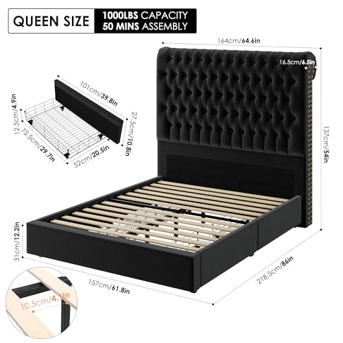 Velvet Upholstered King Bed Frame with Tall Headboard and Storage Drawers L58367