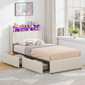 LIKIMIO Twin Bed Frame with 2 Storage Drawers, Charging Station & LED Lights, Upholstered Platform Twin Bed with Storage Headboard, Strong Wooden Slats, No Box Spring Needed, Easy Assembly, Beige