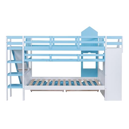 Twin Over Twin Bunk Bed with Stairs and Slide, Solid Wood Frame with Storage Y2445