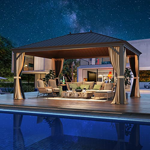 12x16 ft Hardtop Gazebo with Galvanized Steel Roof, Curtains and Netting V821