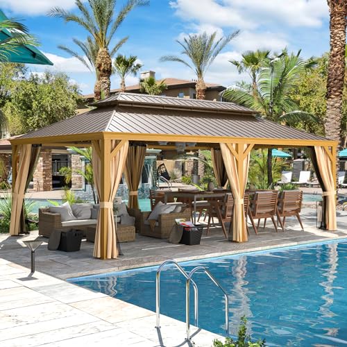 12x16 ft Hardtop Gazebo with Galvanized Steel Roof, Curtains and Netting V821
