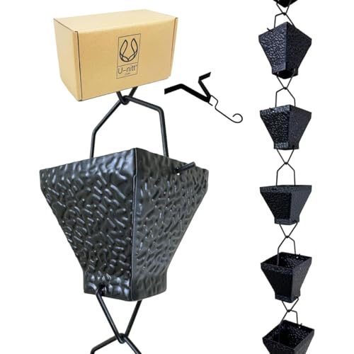 Rain Chains for Gutters | Rainwater Catcher & Diverter | 8.5 FT Metal Black Rain Chain | Powder Coated w/Textured Square Cups | Roof Gutter Chain Downspout | DIY Rain Chain Installation Kit