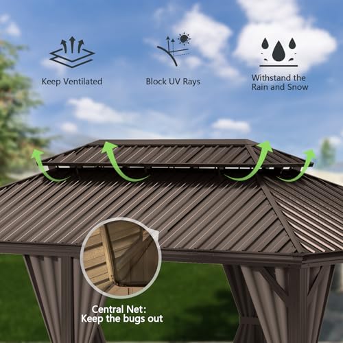 10 x 10 ft Hardtop Gazebo with Netting and Curtains, Galvanized Steel Roof for Patio and Garden X50618