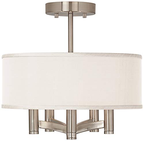 Possini Euro Design Ava Modern Ceiling Light Semi-Flush Mount Fixture Brushed Nickel 14" Wide 5-Light Cream Textured Fabric Drum Shade for House Bedroom Hallway Living Room Bathroom Dining Kitchen