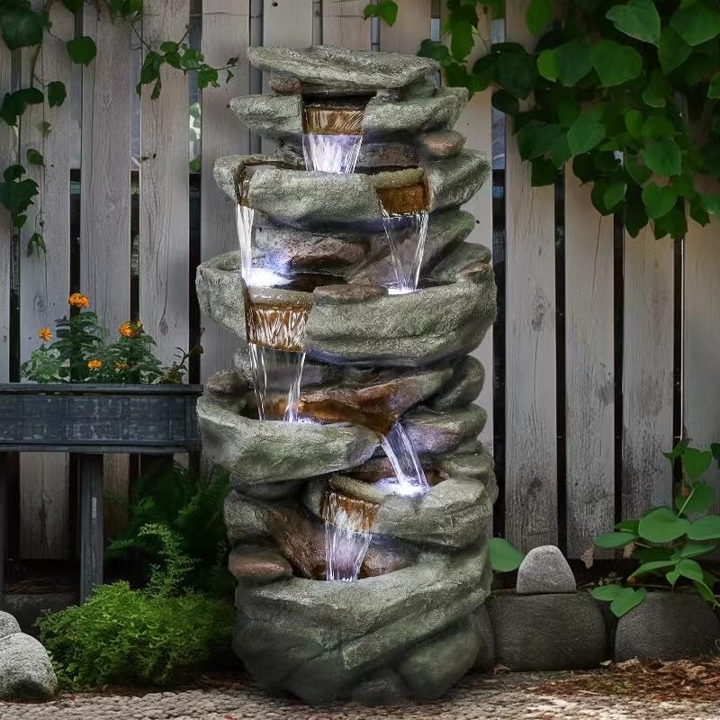 SunJet 40" High 6-Tiers Cascading Rock Outdoor Water Fountain with LED Lights - Large Outdoor Fountains and Waterfalls for Garden or Patio, Yard, and Deck Decor, Featuring Natural Stone Look