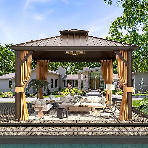 10'x13' Hardtop Gazebo with Polycarbonate Double Roof, Aluminum Frame, Curtains and Netting N263