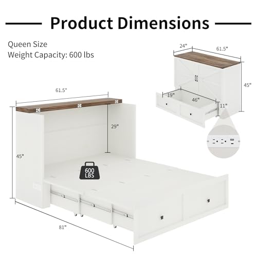Queen Size Murphy Bed with Charging Station and Storage Drawer R180