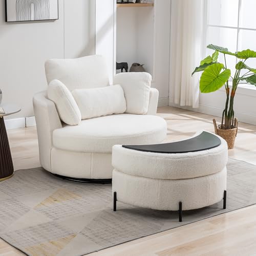 Oversized Swivel Barrel Chair with Ottoman, Chenille, Beige X252712