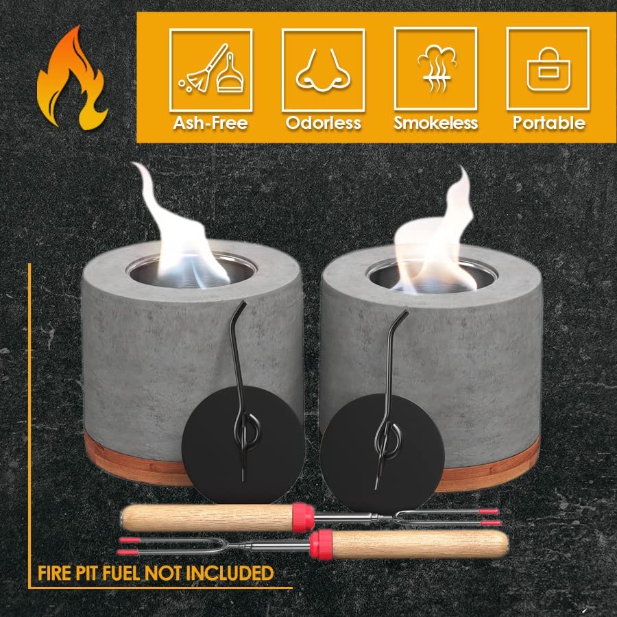 Concrete Tabletop Fire Pit with Bamboo Base and Roasting Forks X191736