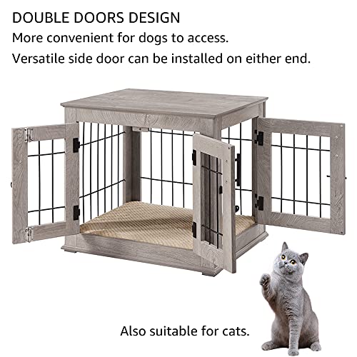 Wooden Dog Crate End Table with Double Doors and Pet Bed T245171