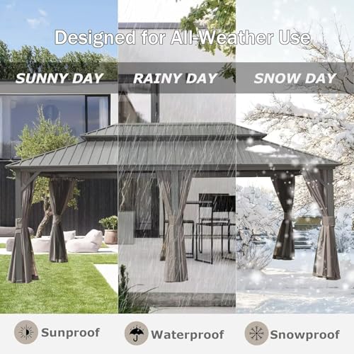 10 x 10 ft Hardtop Gazebo with Netting and Curtains, Galvanized Steel Roof for Patio and Garden X50618