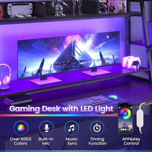 Gaming Desk with LED Lights, Hutch and Storage Shelves, Black R364