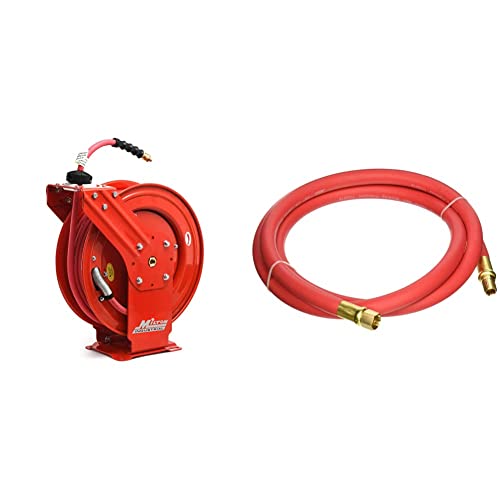 MILTON Strength Air Hose Reel w/Auto- Retractable Steel Dual Arm, 3/8" MNPT x 50 ft. Hybrid Rubber Hose - 300 Max PSI, Red - 2770-50D