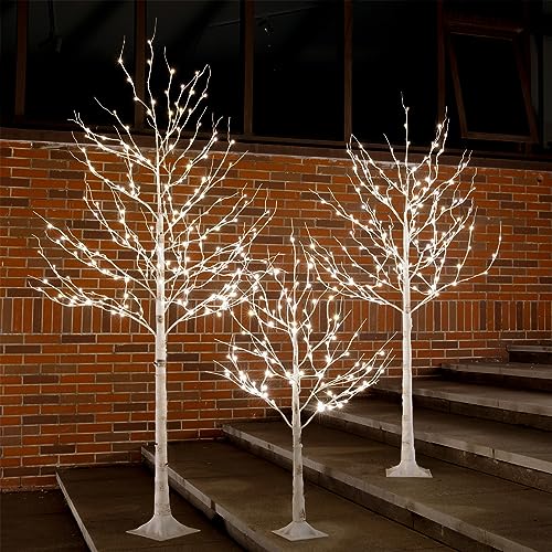 Lighted Birch Tree Set 4ft, 6ft and 8ft with Warm White LED Lights for Holiday Decor - Realistic Design, UL Certified, Dimmable, Waterproof - Ideal for Indoor and Outdoor Decoration