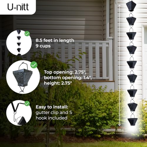 Rain Chain for Gutters, 8.5 FT Metal Black, Powder Coated Square Cups W7390