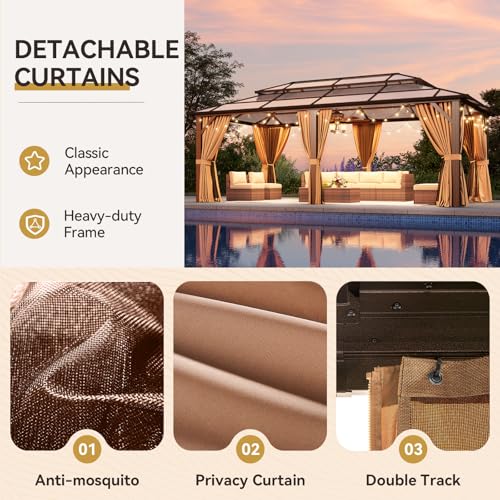 12x16 Hardtop Gazebo with Netting and Curtains, Aluminum Frame, Polycarbonate Roof N71921