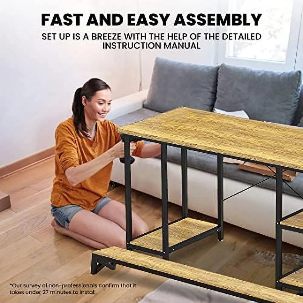 Industrial Computer Desk with Monitor Shelf, 55 Inch, Walnut and Black G1348