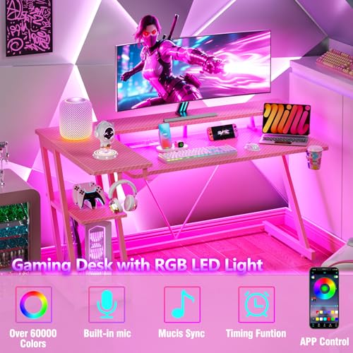 L Shaped Gaming Desk with Power Outlet and LED Lights T64283