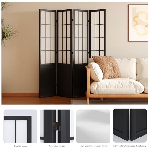 Japanese Shoji Folding Room Divider, 4 Panels, Black T762554