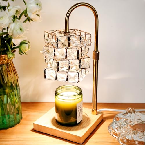 Candle Warmer Lamp with Timer, Crystal Candle Warmer, Adjustable Height Candle Lamp Warmer with 2 Bulbs for Home Decor Dimmable Wax Melt Warmer