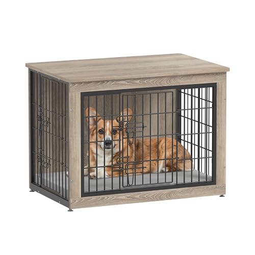 Dog Crate Furniture with Cushion, Heavy-Duty Metal Mesh, Wooden End Table with Double Doors, Indoor Kennel for Small Breed, Grey K856