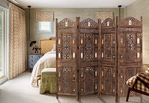 4 Panel Folding Wood Room Divider, Antique Brown, 72 x 80 L396608