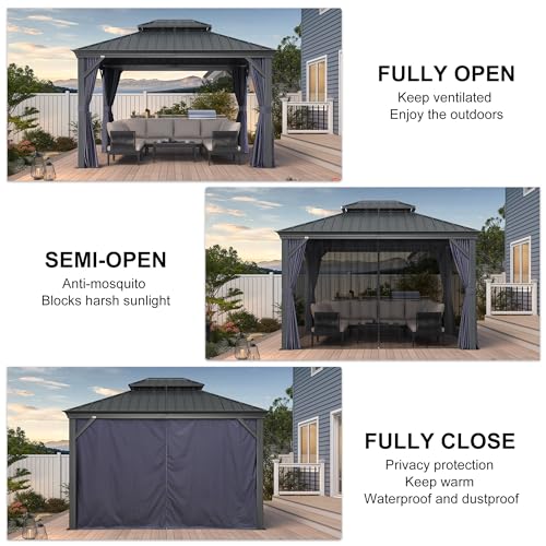 10' x 14' Permanent Hardtop Gazebo with Galvanized Steel Double Roof, Curtains and Netting Included M96664