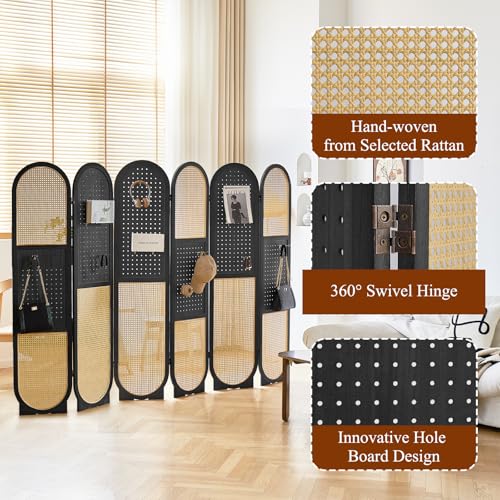 Wooden Pegboard Room Divider, 5.6Ft Folding Privacy Screen P5676