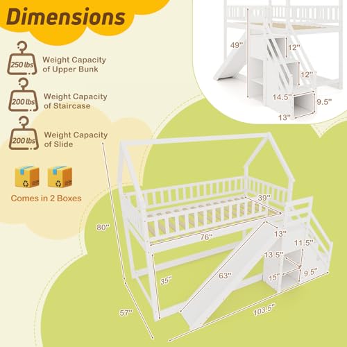 Twin Over Twin Bunk Bed with Slide and Stairs, Wood, White F9999