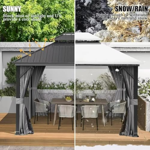 10 x 10 ft Hardtop Gazebo with Netting and Curtains, Galvanized Steel Roof for Patio and Garden X50618