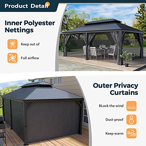 12 x 20 ft Hardtop Gazebo with Galvanized Steel Roof, Curtains and Netting for Patios, Gardens, Lawns A18995