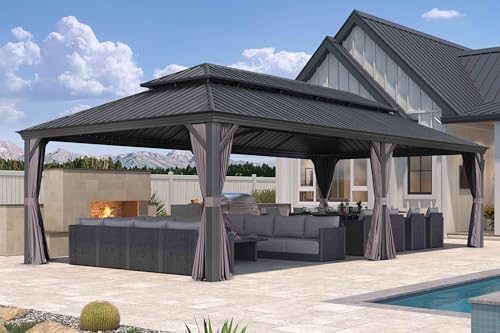 10' x 14' Permanent Hardtop Gazebo with Galvanized Steel Double Roof, Curtains and Netting Included M96664