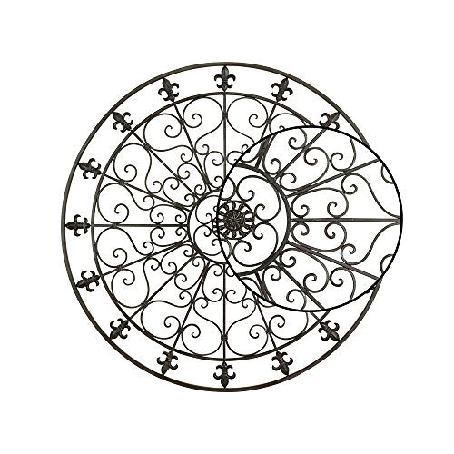 Metal Fleur De Lis Circle Wall Sculpture with Scrollwork, Black S3104
