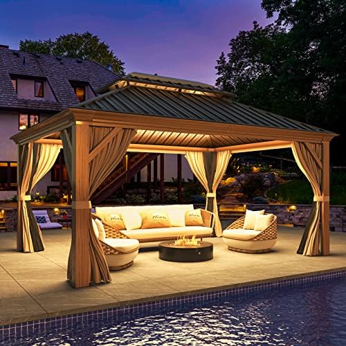 12x16 ft Hardtop Gazebo with Galvanized Steel Roof, Curtains and Netting V821