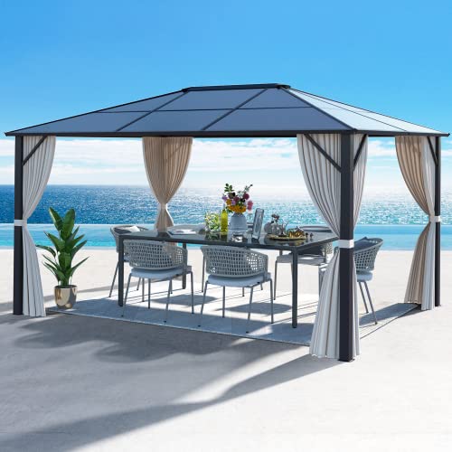 10'x13' Hardtop Gazebo with Polycarbonate Double Roof, Aluminum Frame, Curtains and Netting N263