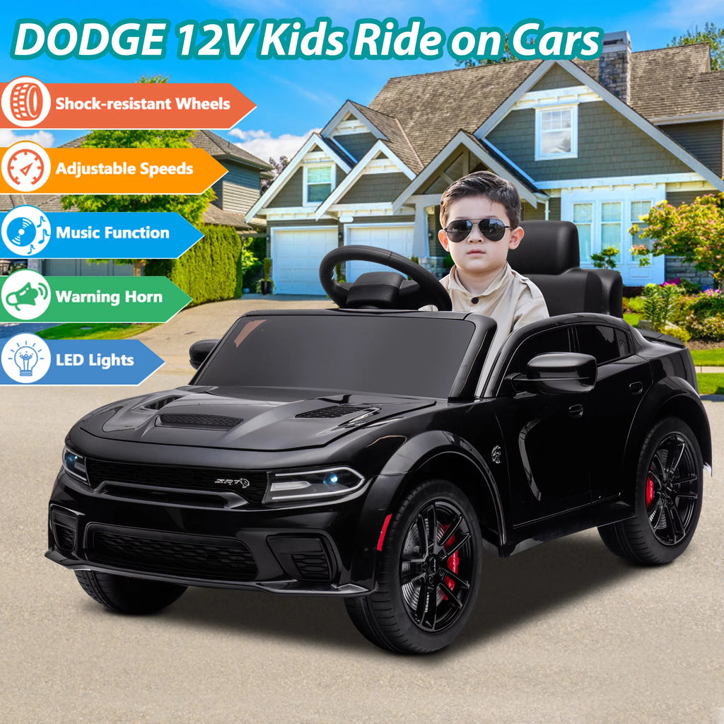12V Black Dodge Charger Ride On Car with Remote Control, Kids Electric Toy with Bluetooth, LED Light, 4 Wheel Suspension B4884